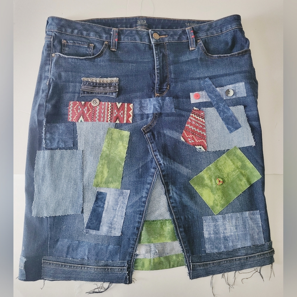 Funky Freyed Denim skirt patchwork  colorful,hobo,african size 18